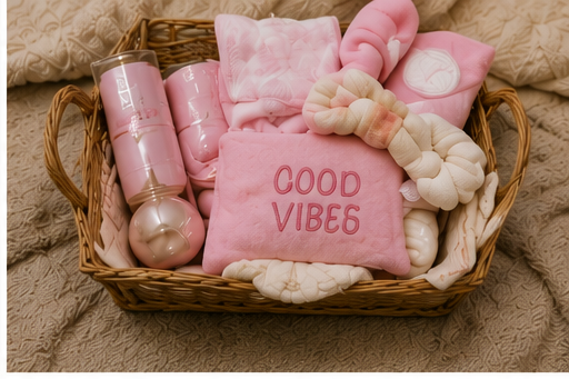 A wicker basket containing pink and white baby clothing, a pink blanket with "Good Vibes" embroidered, pink and white plush socks or headbands, and pink bottles, set on a beige fabric surface.