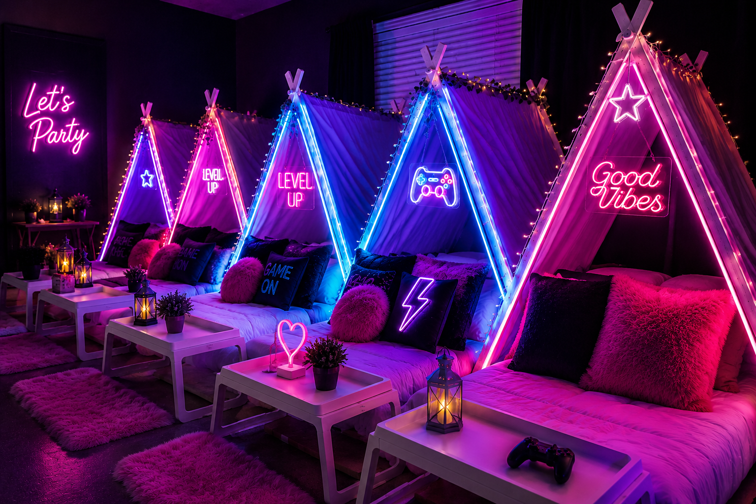 Indoor party setup with colorful neon signs, cozy sleeping areas, and pink fluffy rugs, decorated with cushions, small tables, and decorative lamps.