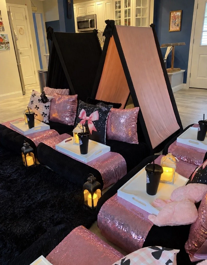 Pink and black luxury teepee sleepover party setup with coquette bows, sequin pillows and personalized décor in Connecticut