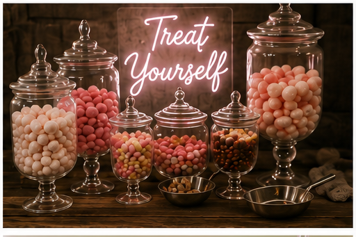 Display of glass jars filled with colorful candies, with a neon sign that says 'Treat Yourself' in the background.