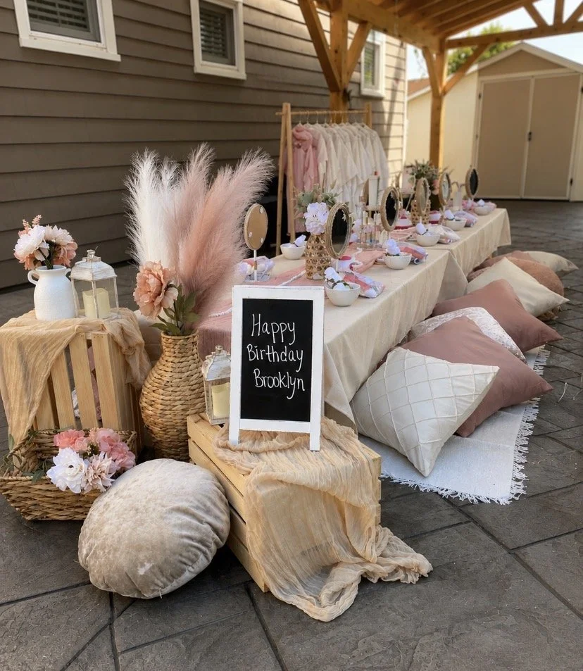 Decorated outdoor birthday setup for Brooklyn with a long table, pillows, floral arrangements, mirrors, and a blackboard sign.