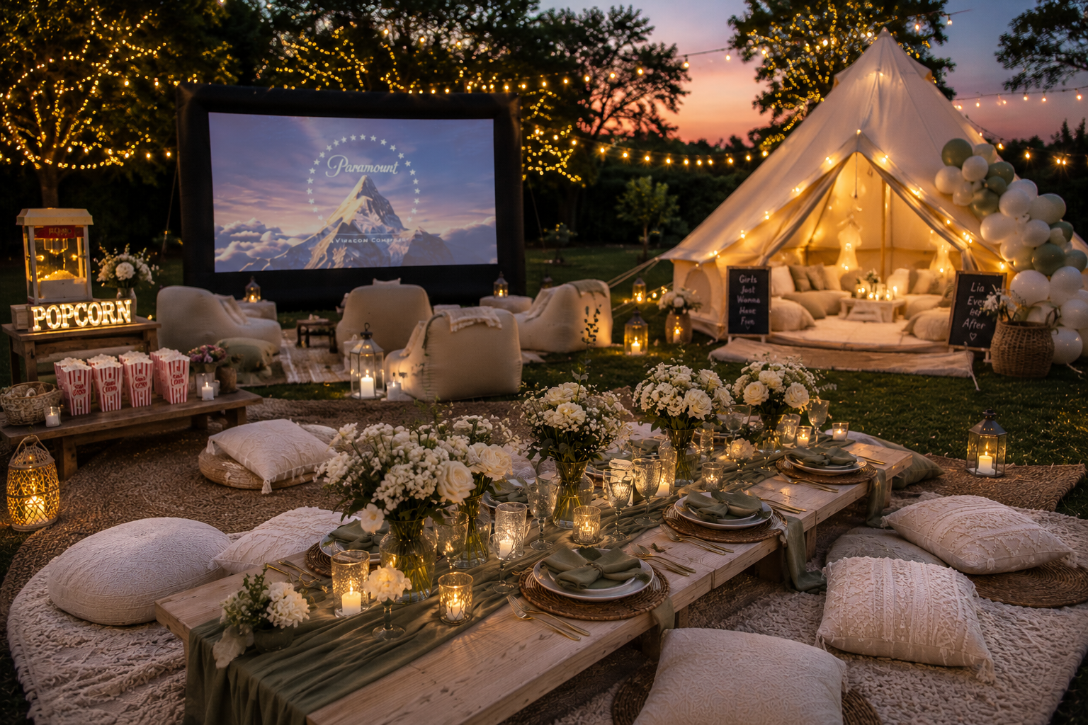 Outdoor nighttime gathering with illuminated trees, a large screen playing Paramount, and a cozy, decorated tent with balloons. Low tables are set with flowers, candles, and plates, surrounded by cushions for seating.