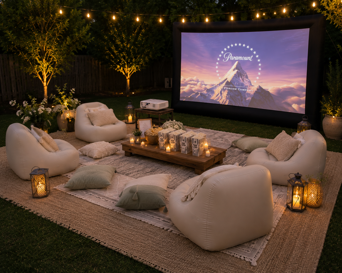 An outdoor movie screening setup with a large inflatable screen displaying Paramount's logo, surrounded by white bean bag chairs, cushions, candles, lanterns, and potted plants, creating a cozy ambiance at dusk.