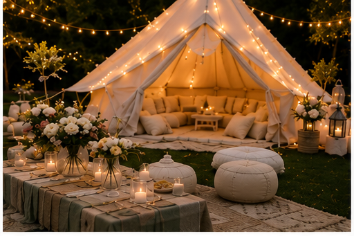 Outdoor event setup with a large decorated tent illuminated by string lights, surrounded by flowers and lanterns, featuring a low table with candles and a cozy seating area inside
