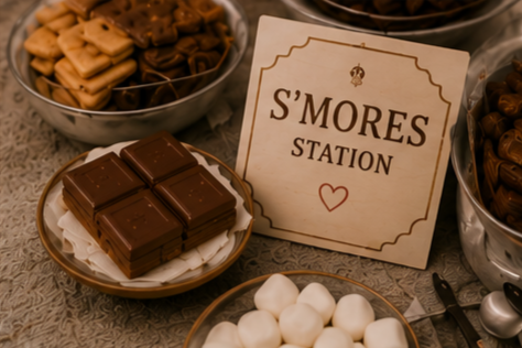 Various types of cookies and chocolates at a s'mores station with a sign that says 'S'MORES STATION' and a small heart symbol.
