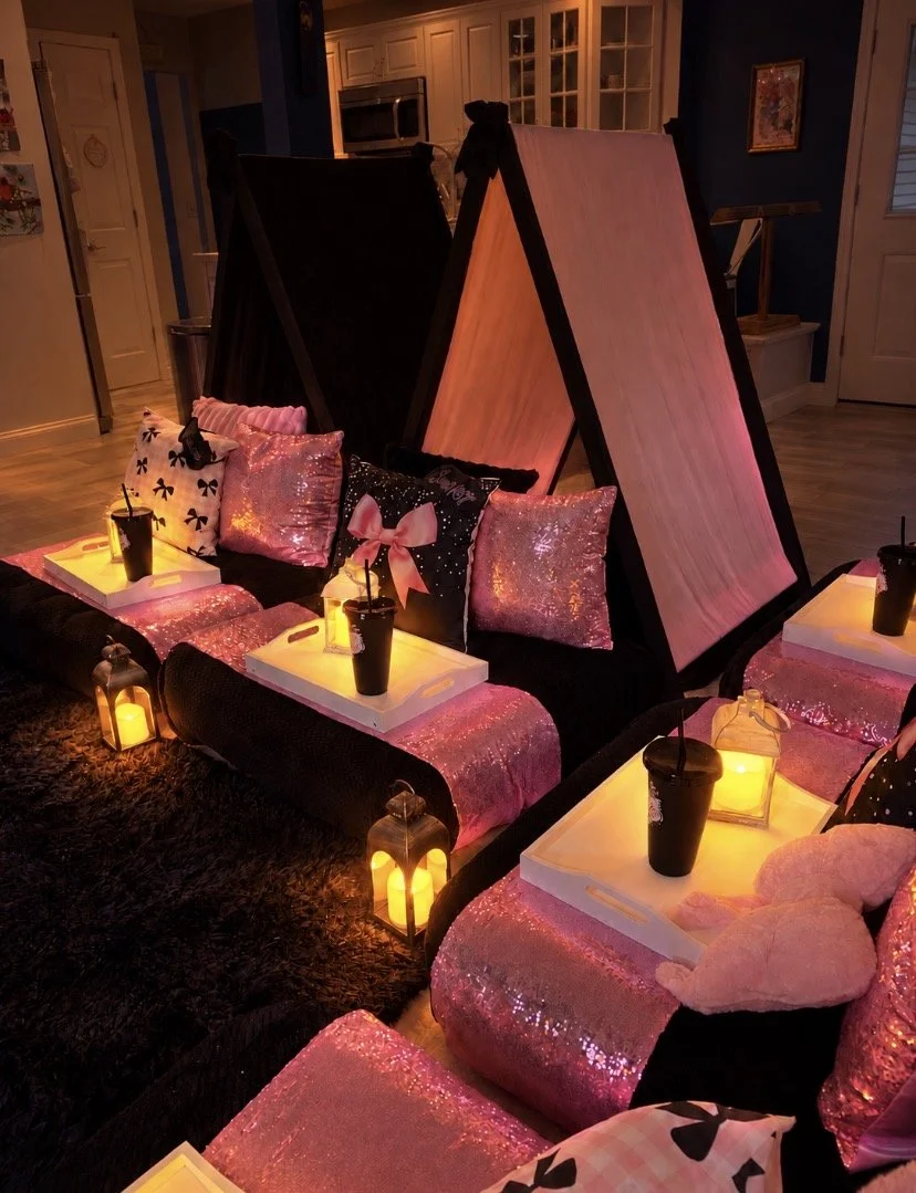 Pink and black luxury teepee slumber party setup with coquette bows, sequin pillows and personalized décor in Connecticut