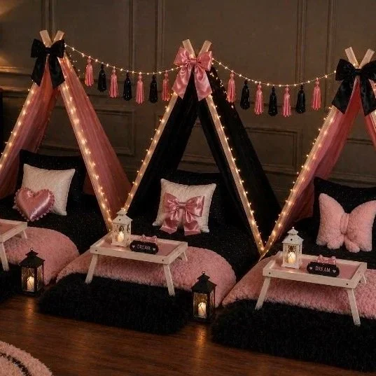 Decorative teepee tents with black and pink fabrics, string lights, heart and bow pillows, lanterns, and small tables with white lanterns and chalkboard signs, creating a cozy and festive setting.
