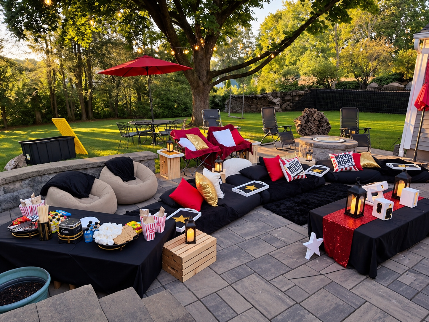 Backyard patio setup with snacks, lanterns, and seating, surrounded by trees and green grass during dusk.