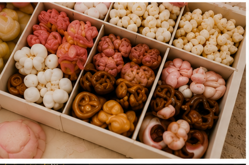 A box containing an assortment of colorful, shaped gummy candies separated into compartments.