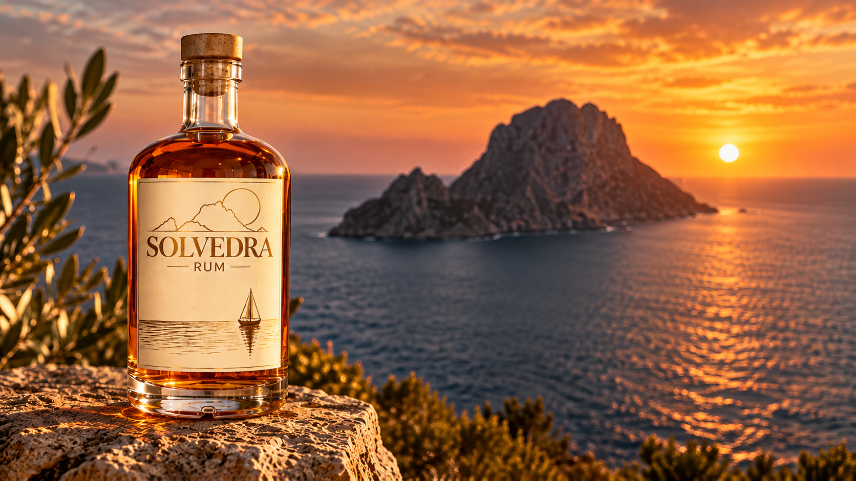 Solvedra rum bottle with Es Vedrà and the Mediterranean at sunset