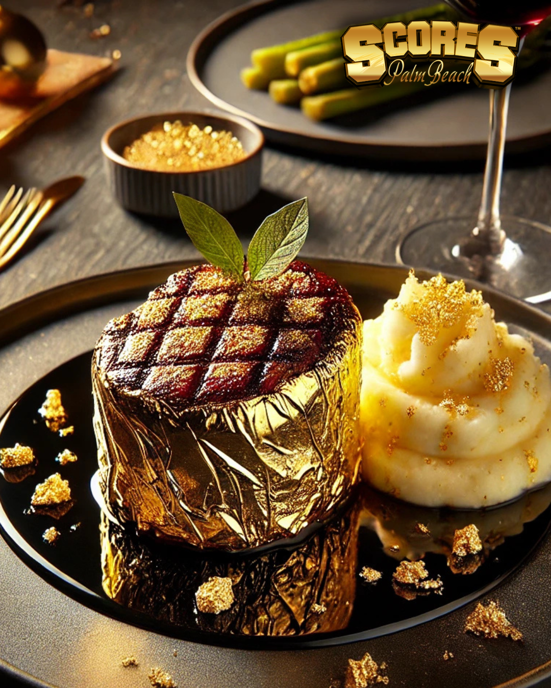 Luxury 24K gold-covered steak served at Scores Palm Beach gentlemen’s club and steakhouse