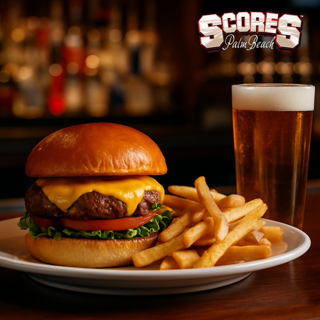 Juicy cheeseburger with crispy fries and a cold beer at Scores Palm Beach sports bar and gentlemen’s club