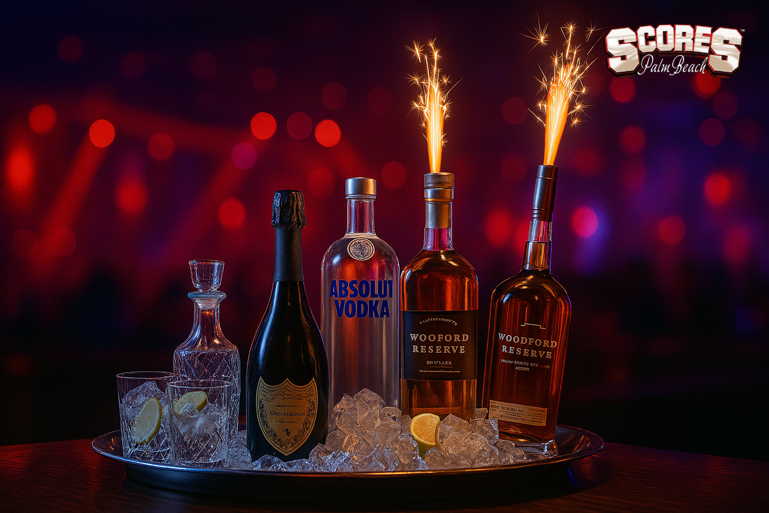 Premium bottle service display with champagne, vodka, whiskey, and sparklers at Scores Palm Beach gentlemen’s club and nightclub