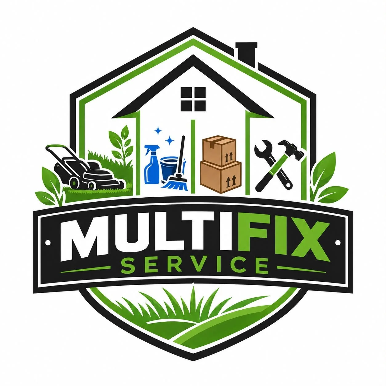 Logo eines Hausreparatur- und Wartungsdienstes mit einem Haus, Rasenmäher, Reinigungsgegenständen, Werkzeugen und Kartons.