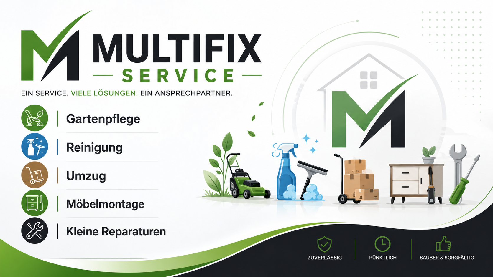 Grafik von Reinigungs- und Haushaltsdienstleistungen mit Icons für Gartenpflege, Reinigung, Umzug, Möbelmontage und kleine Reparaturen. Das Logo von Multifix Service ist sichtbar, mit Stichwörtern wie zuverlässig, pünktlich, sauber & sorgfältig.