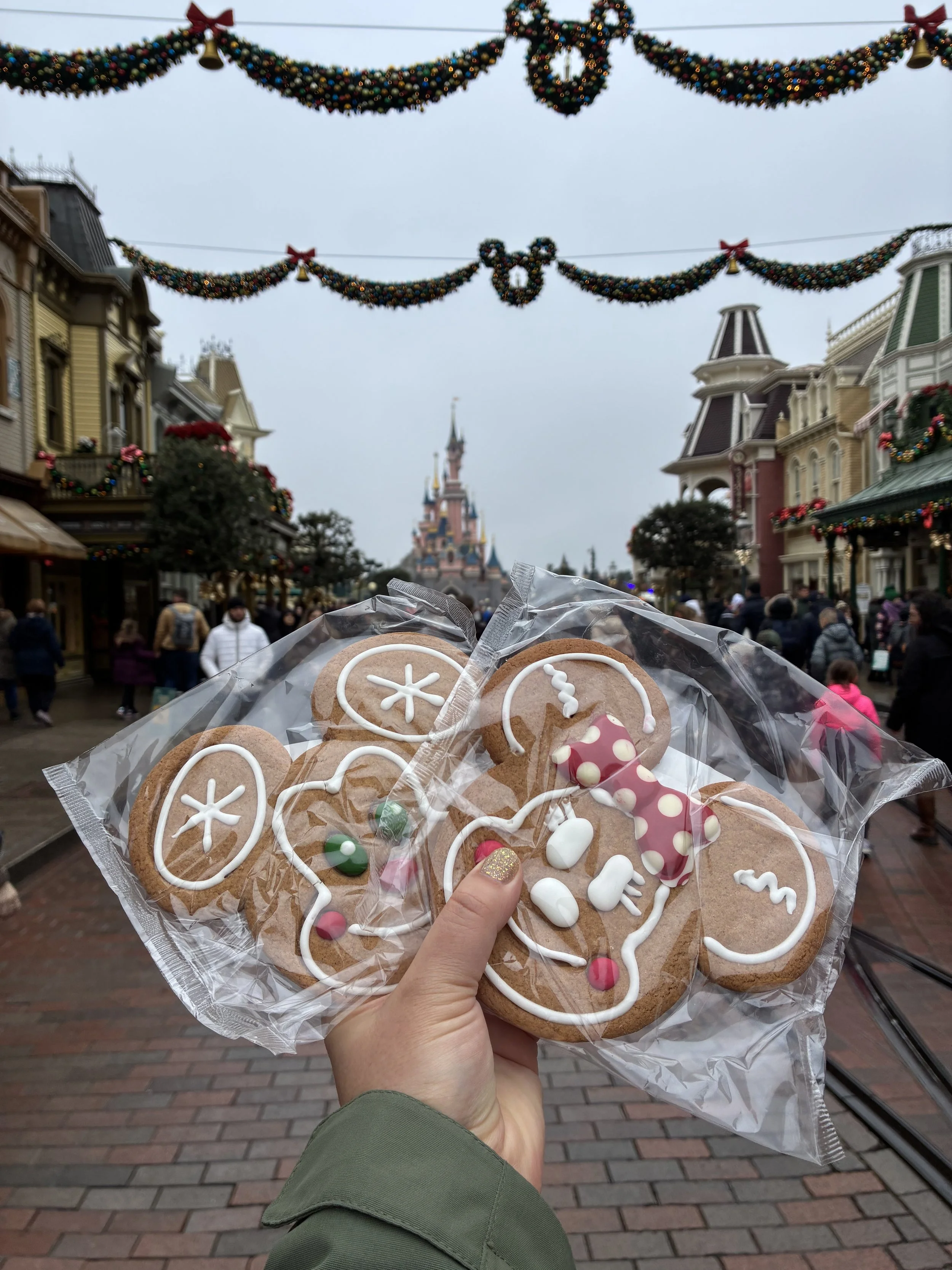 Person holding decorated gingerbread cookies shaped like snowflakes, reindeer, and Christmas ornaments at a Christmas-themed park with decorated buildings, Christmas garlands, and a castle in the background.