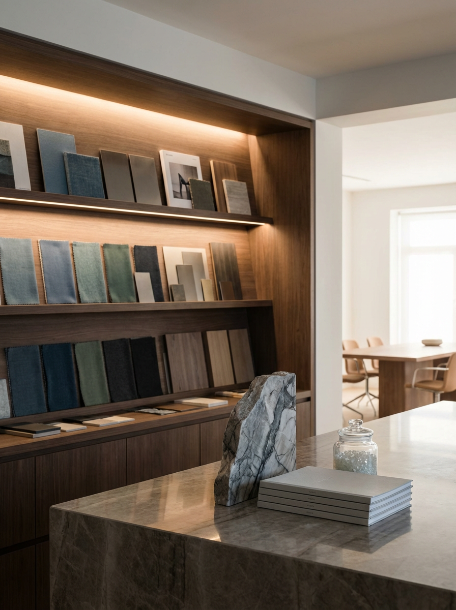 Display shelf with fabric and sample materials, a marble countertop with a stone sample, glass jar, and stacked books in a modern interior space.