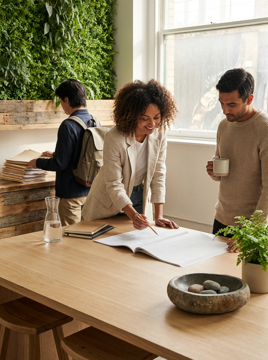 Three people in a meeting room reviewing large plans or blueprints on a table, with a woman writing or pointing at the documents, a man holding a coffee mug, and a person in the background organizing papers, with a green wall and a window in the room.
