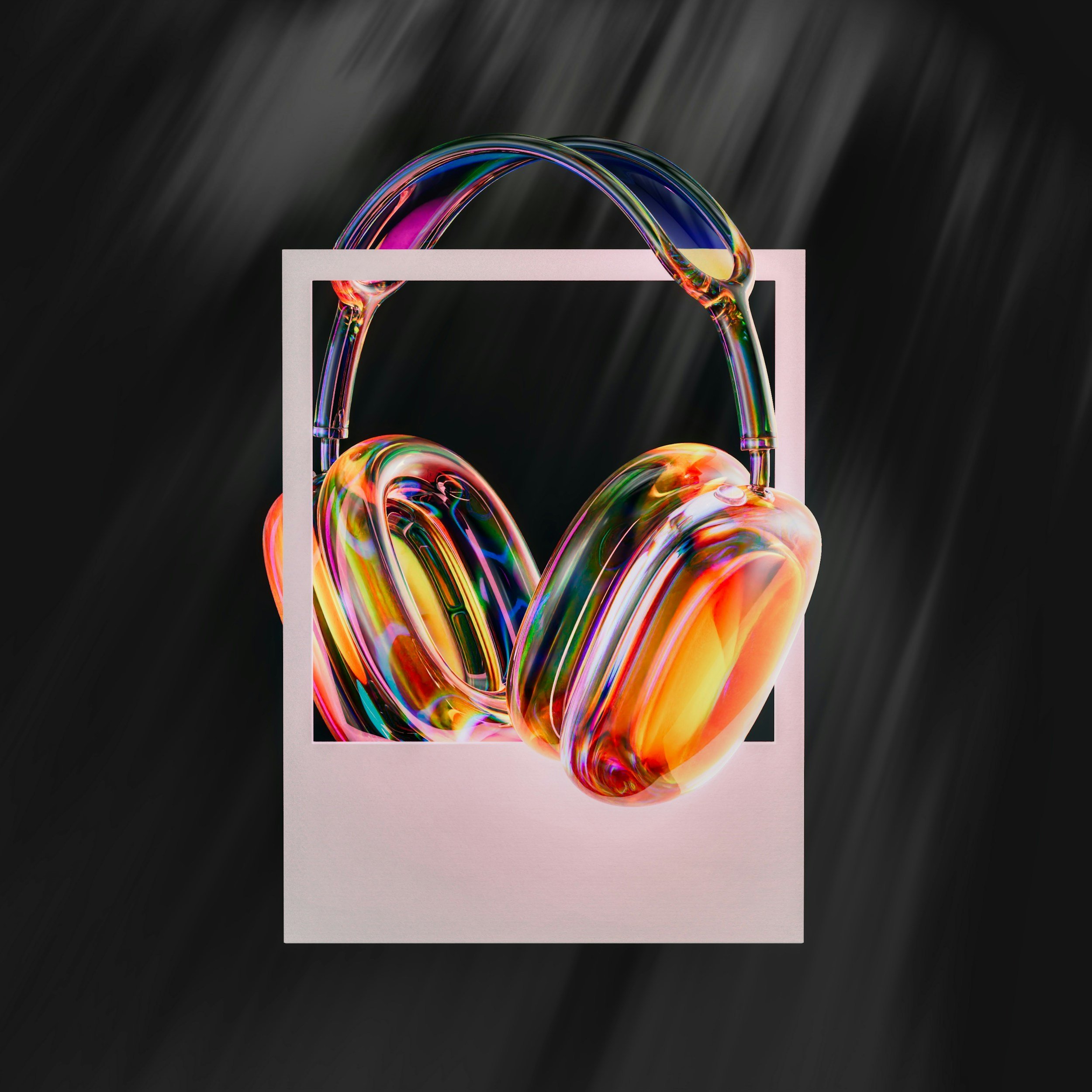 Colorful glass sculpture of two intertwined loops inside a pink frame on a dark background.