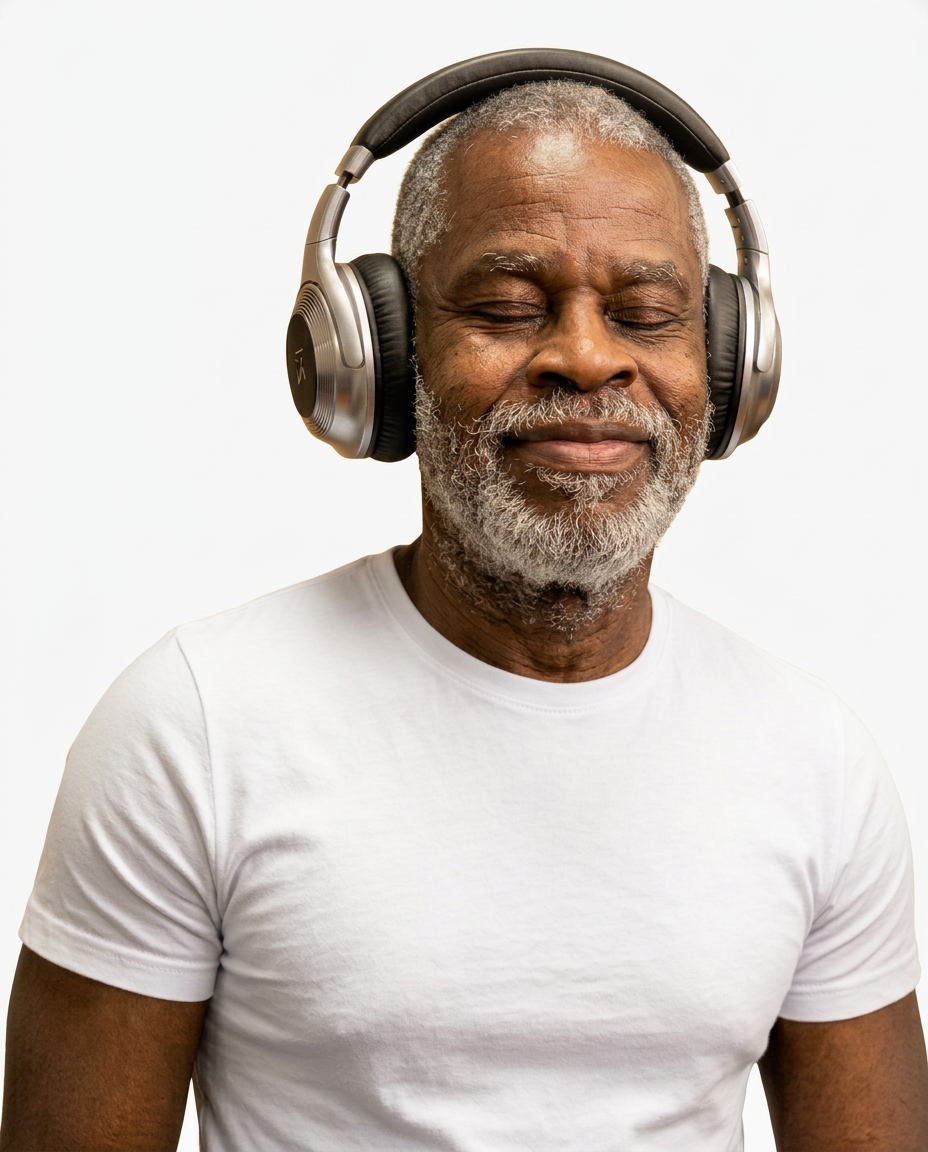 An elderly man with gray hair and beard wearing a white t-shirt with eyes closed and smiling, listening to music through large over-ear headphones against a plain white background