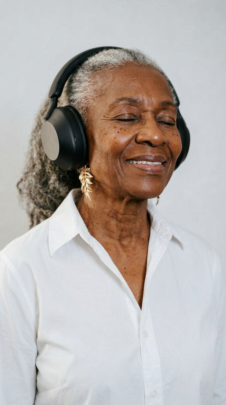 An elderly woman with gray hair wearing a white shirt and gold leaf-shaped earrings, smiling with eyes closed, listening to music with large over-ear headphones.