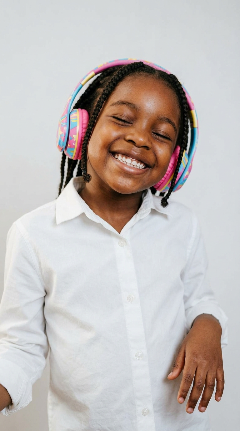 A young girl with braided hair wearing a white shirt and colorful headphones, smiling with eyes closed.