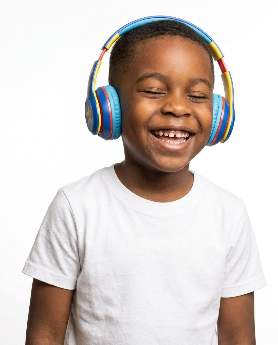 A young boy with short hair wearing colorful headphones and a white t-shirt, smiling with eyes closed.