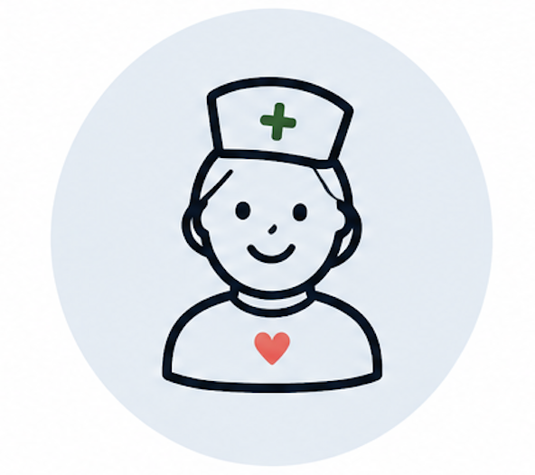 Cartoon nurse with a white hat featuring a green cross and a red heart on her shirt.