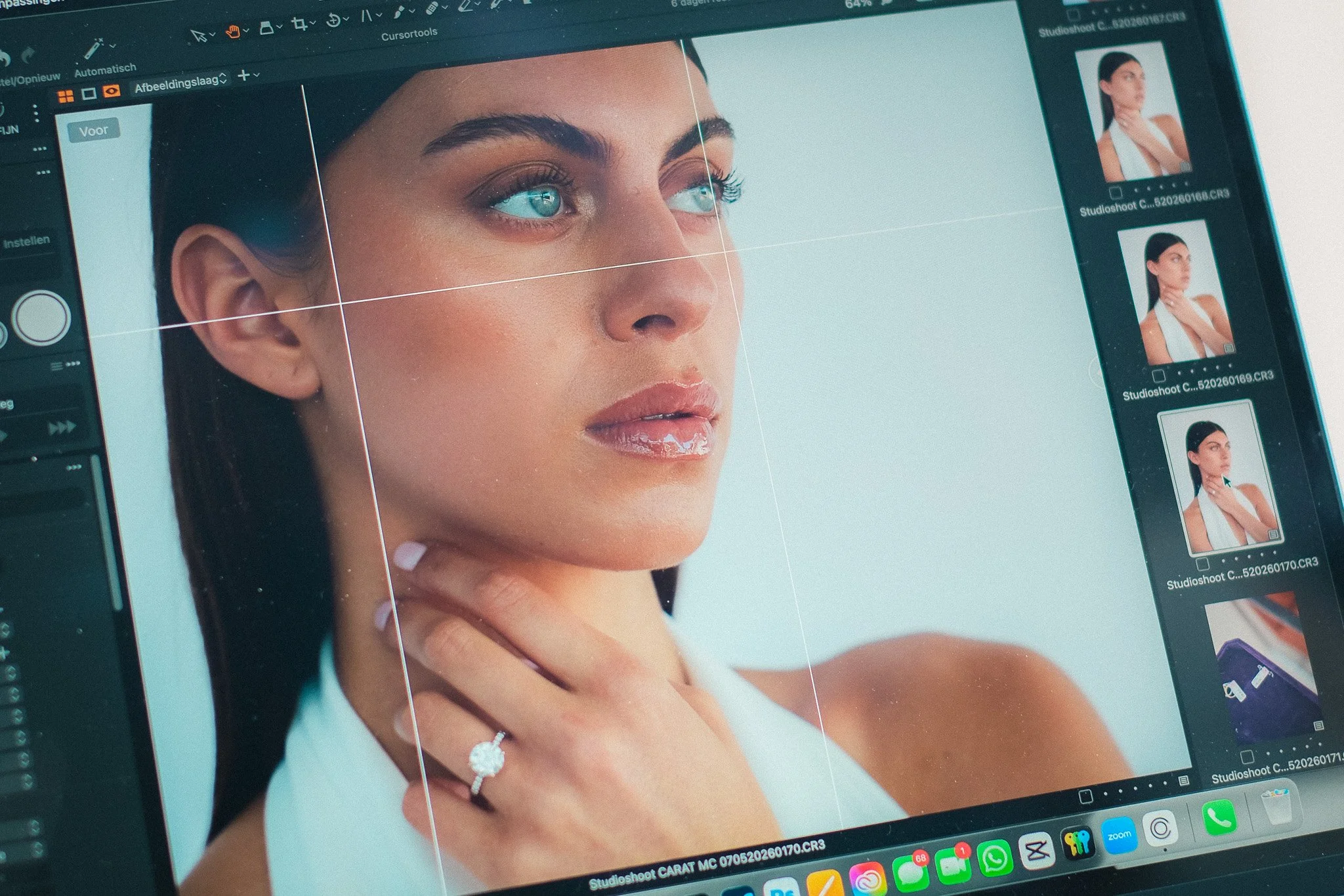 Close-up of a digital photo editing software screen displaying a portrait of a woman with blue eyes, makeup, and wedding jewelry, with editing grid lines and photo thumbnails on the right.