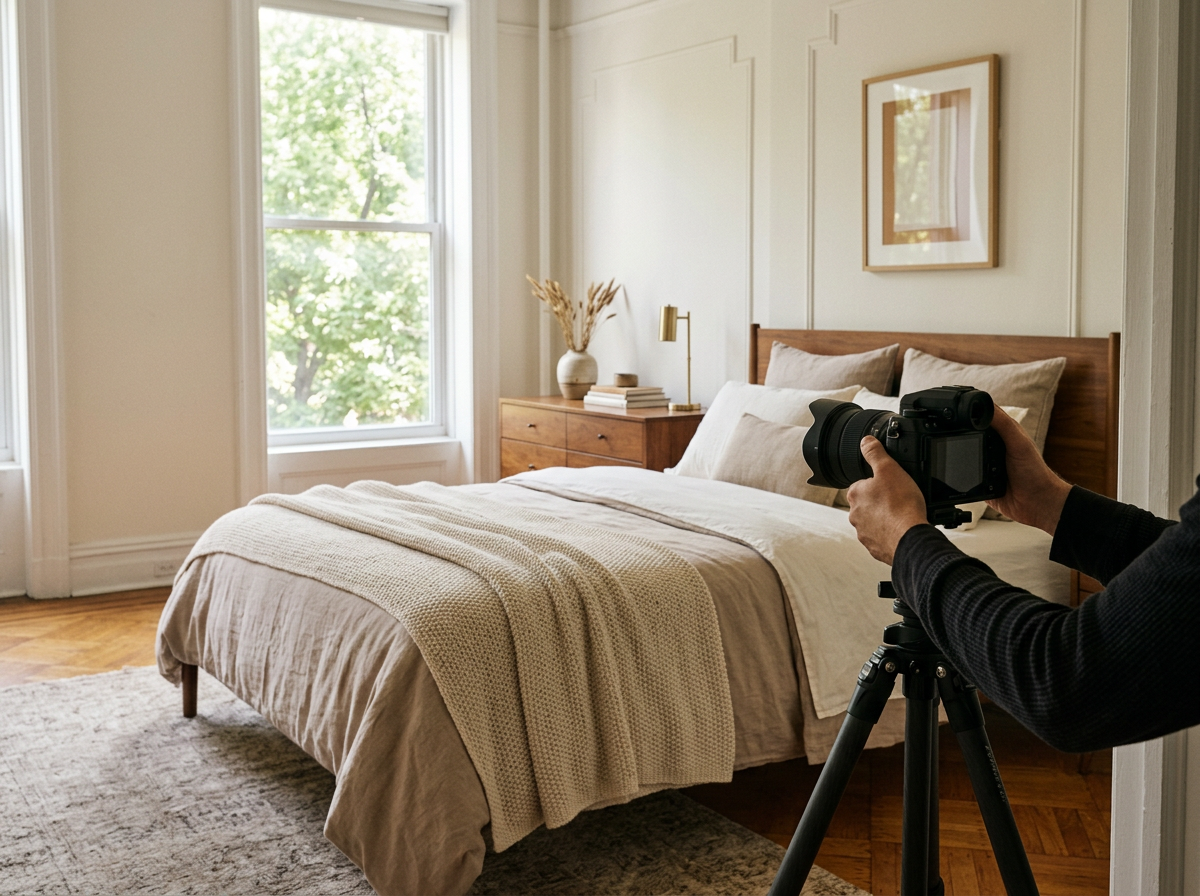 Photographer capturing a styled bedroom in a Brooklyn home