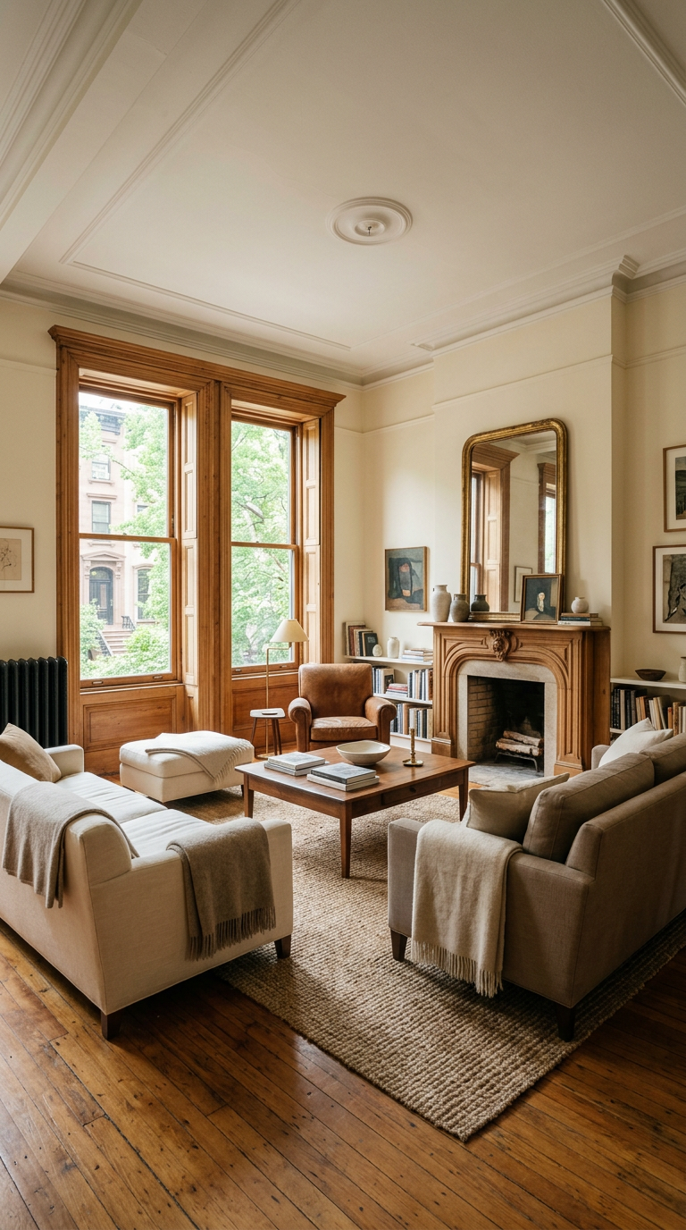 Styled Brooklyn brownstone living room with fireplace, moldings and hardwood floors