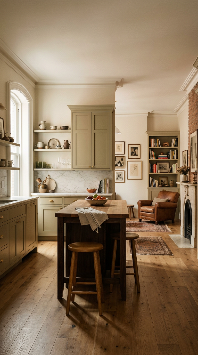 Styled kitchen with living room, fireplace and exposed brick wall and wood floors in a Brooklyn home