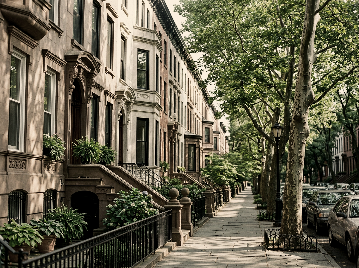 Tree-lined street with historic brownstones in Brooklyn