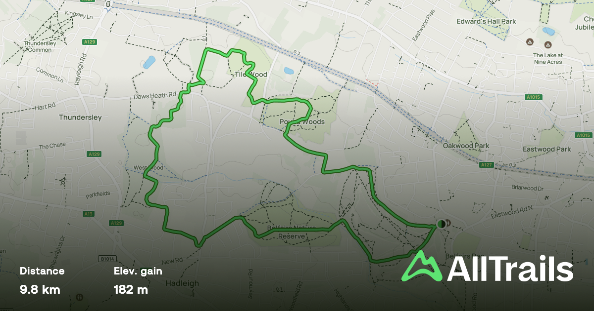 Map of a 9.8 km trail with a green trail path through a park or forested area, including elevation gain of 182 meters. The trail starts and ends near Eastwood Park, with landmarks such as Thundersley, Thundersley Common, and Oakwood Park visible.