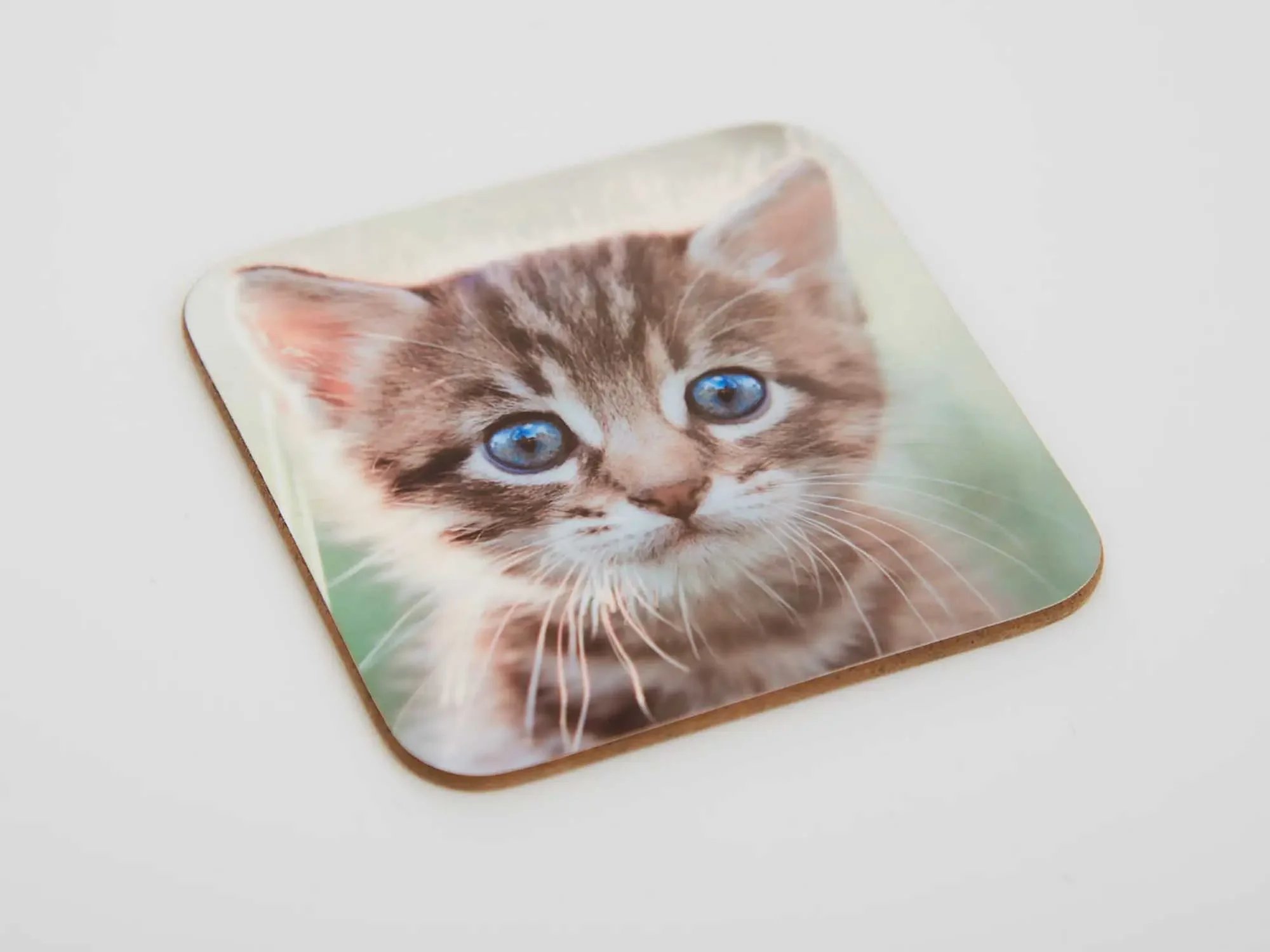 A photo of a square coaster featuring a close-up image of a kitten with blue eyes and brown striped fur.