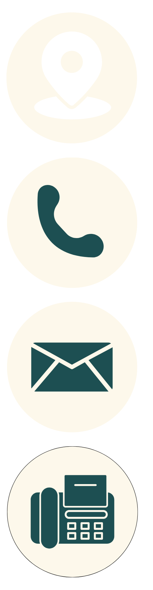 Icônes de localisation, téléphone, courrier et fax alignées verticalement.