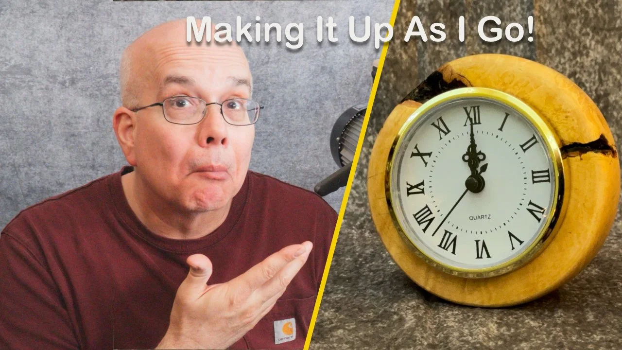 Pleased man split screen with wooden clock