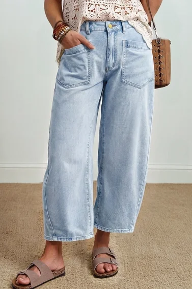 Little Daisy Closet- Solid Square Patch Pocket Ankle Length Barrel Jeans