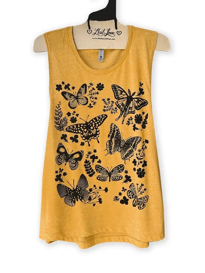 Mad Love Mustard Muscle Tank with Moths and Butterflies