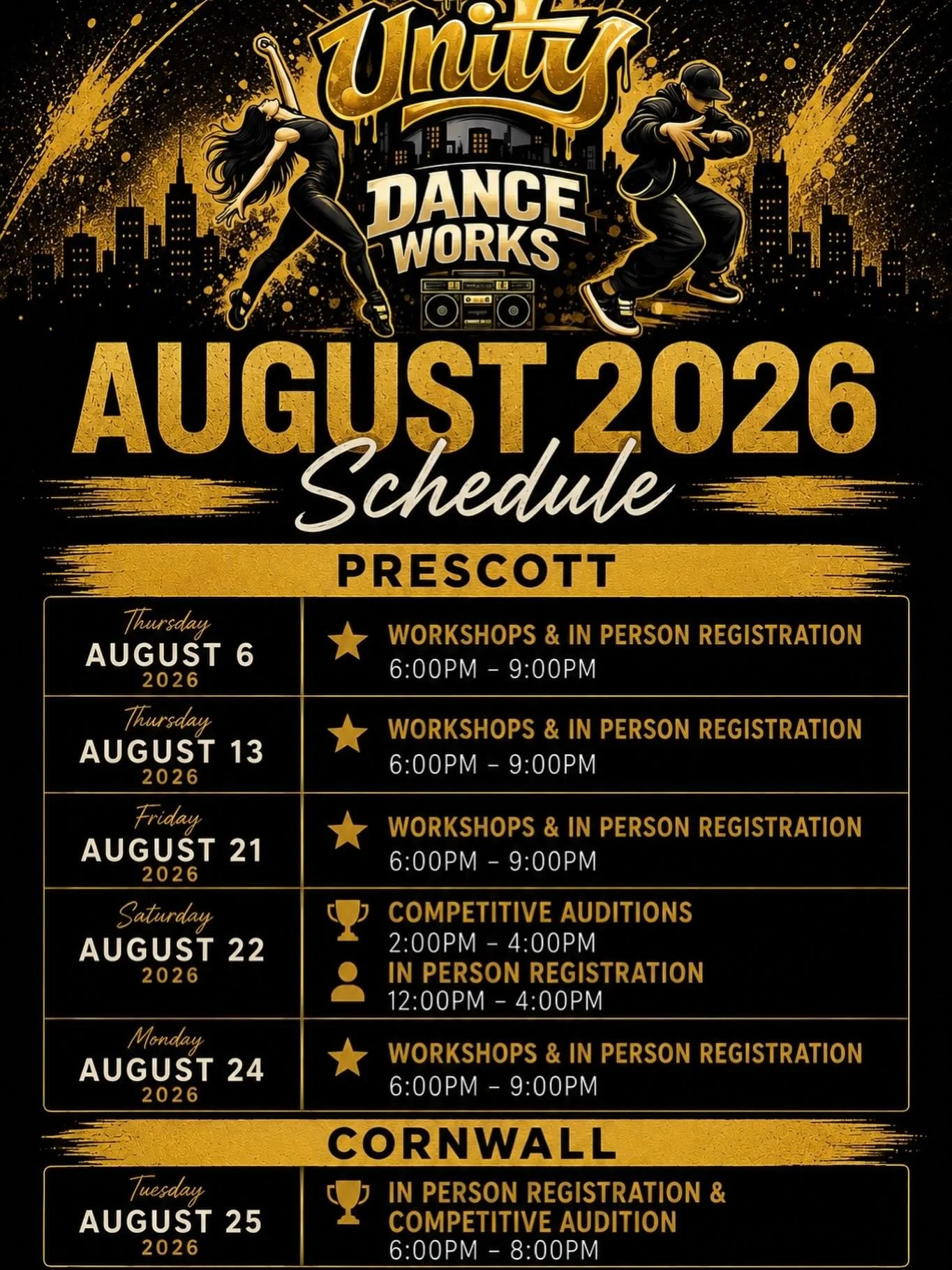 ✨Here is the schedule for the exciting things we have planned for August!✨

Come in and meet the team before the beginning of our inaugural season! 

We look forward to dancing with you🖤💛

#unitydanceworks #registrations #workshops #newstudio
