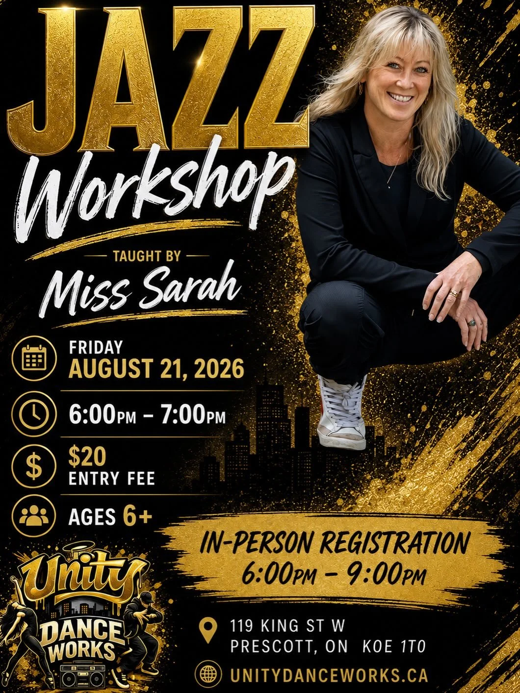 ✨ AUGUST 21st WORKSHOP NIGHT! ✨

We have an AMAZING night of dance planned at Unity Dance Works! 🖤💛 Come dance, learn, and have fun with three incredible instructors and three exciting styles!

🗓 Friday, August 21st, 2026

🎷 JAZZ WORKSHOP
⏰ 6:00&