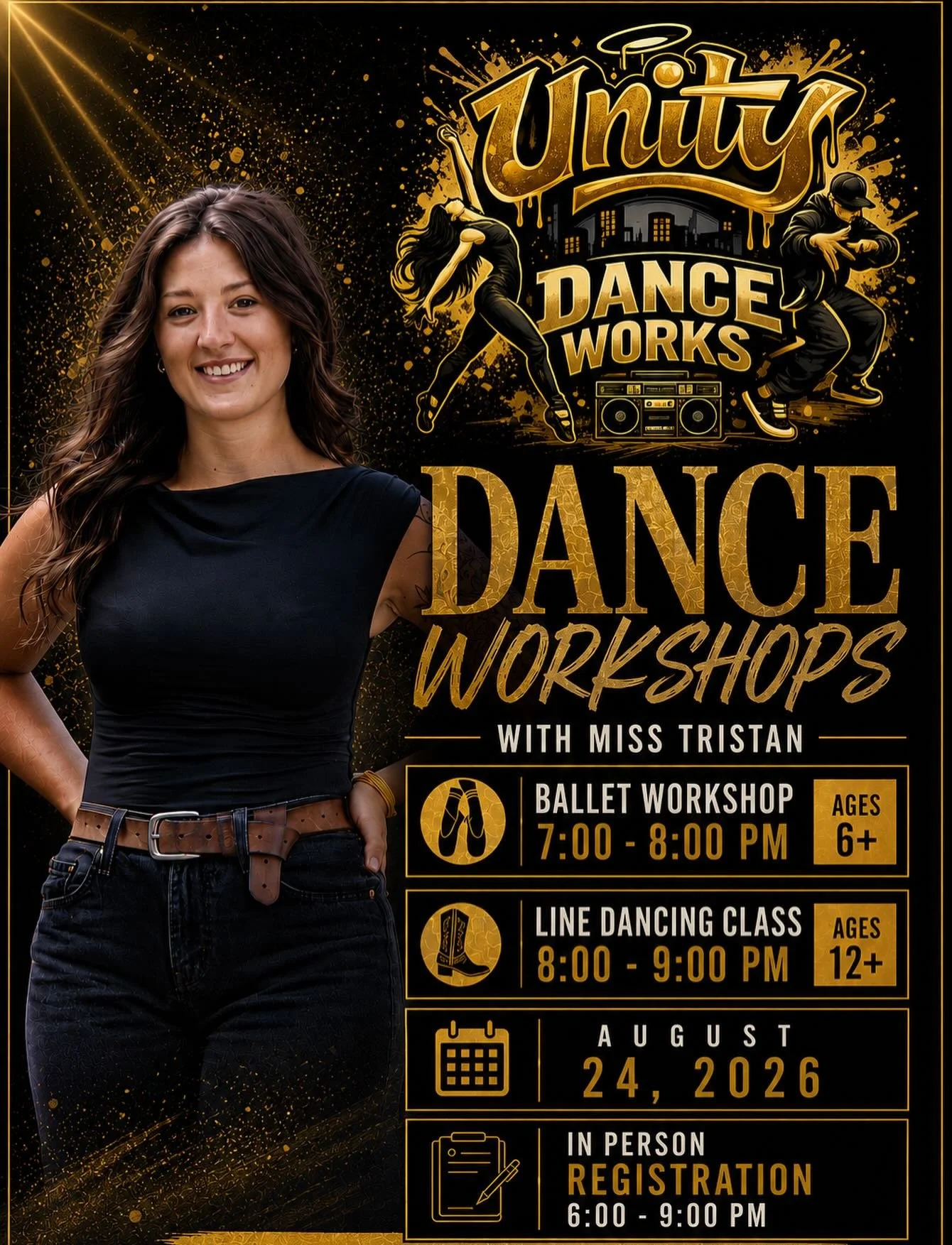 ✨ DANCE WITH MISS TRISTAN! ✨

We&rsquo;re so excited to have Miss Tristan leading TWO amazing workshops at Unity Dance Works! 🖤💛

🩰 Ballet Workshop
Ages 6+
⏰ 7:00&ndash;8:00 PM

🤠 Line Dancing Workshop
Ages 12+
⏰ 8:00&ndash;9:00 PM

📅 Monday, Au