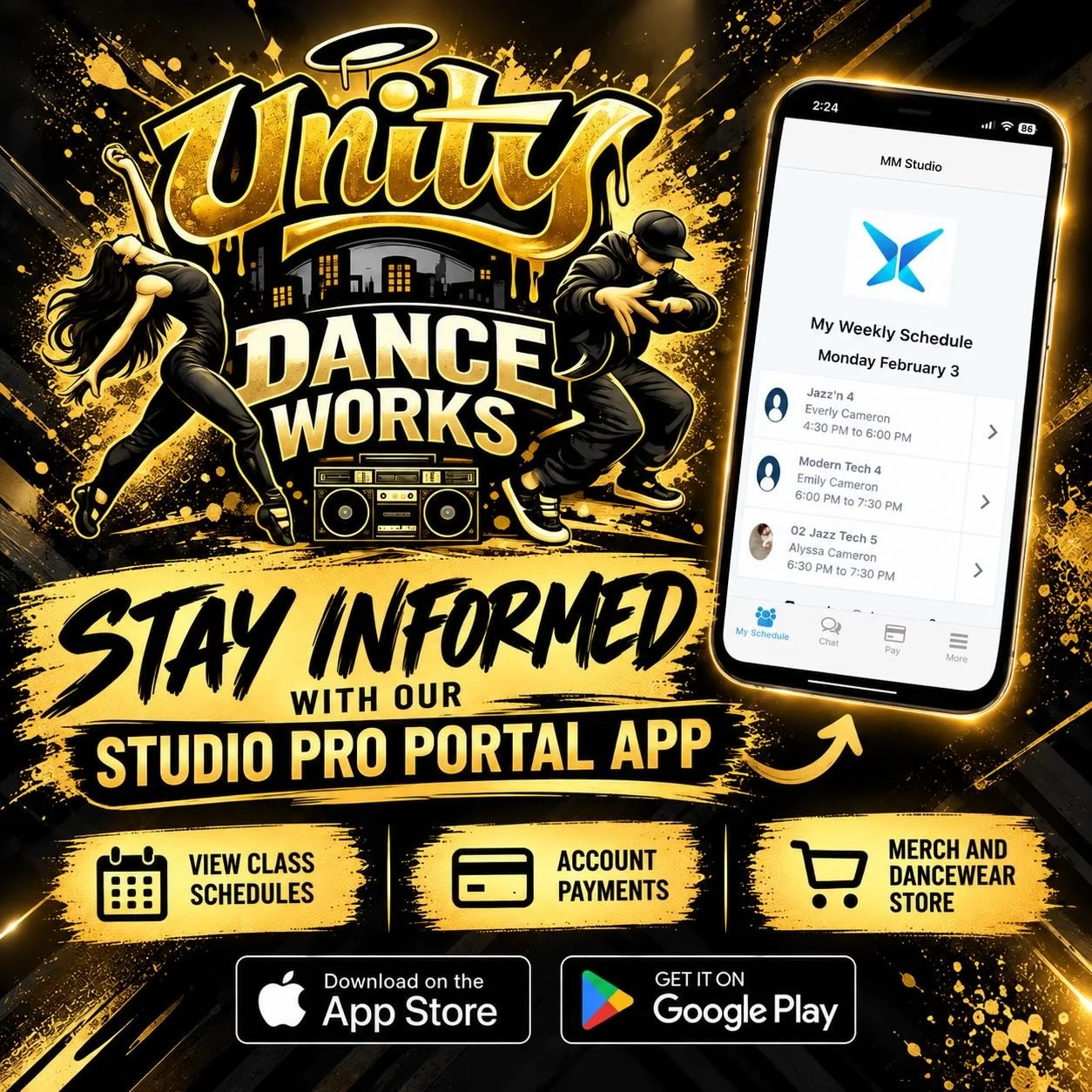 Stay informed. Stay connected. Stay ready to dance! 🖤💛

The Studio Pro Portal App makes it easy for Unity Dance Works families to keep everything studio-related in one convenient place!

📅 View class schedules
💳 Manage account payments
🛍️ Shop o