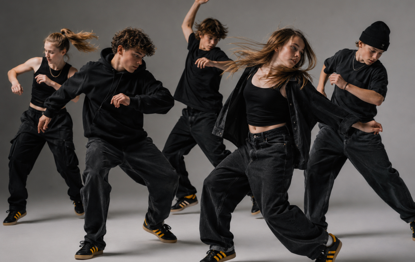 Teen dancers performing hip hop choreography at Unity Dance Works, a dance studio in Prescott, Ontario offering recreational and competitive dance programs for all ages.