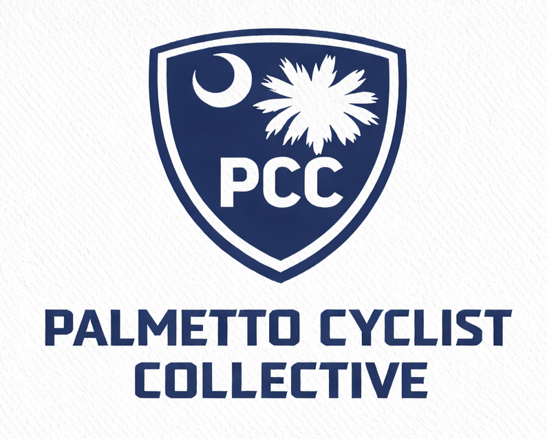 Logo of Palmetto Cyclist Collective with a shield design, featuring a crescent moon, a stylized sun, and the initials 'PCC'.