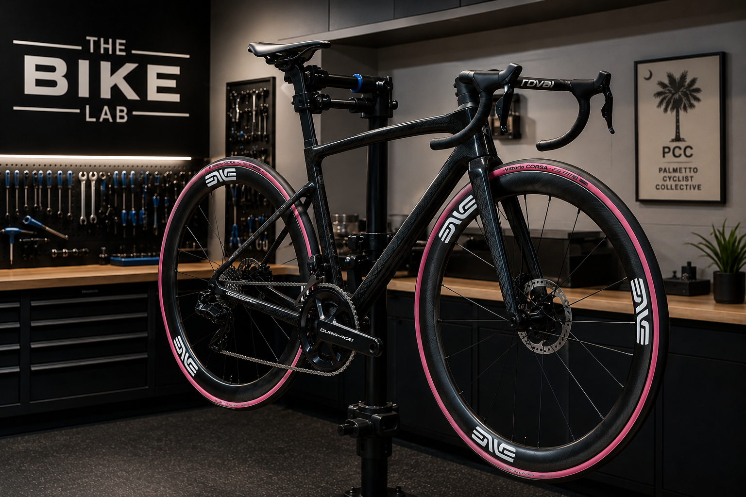 A black road bicycle with pink accents mounted on a stand inside a bike workshop with tools on the wall and a sign that reads 'The Bike Lab'.