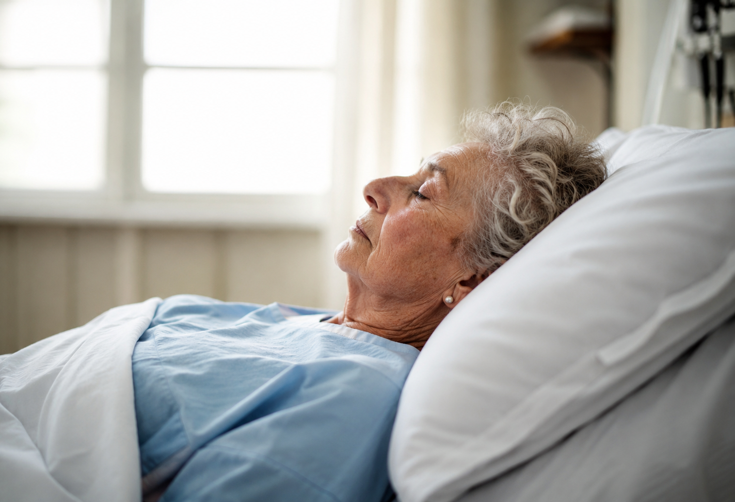 An elderly woman resting comfortably in bed