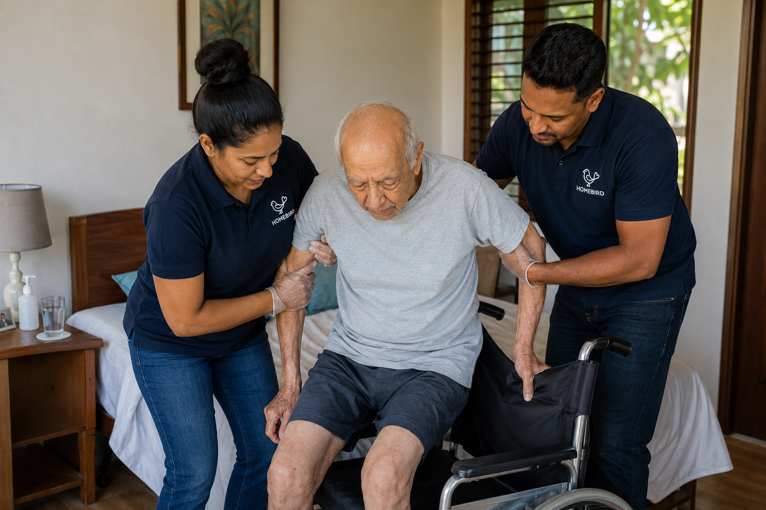 Two Homebird carers safely helping an elderly man transfer from bed to a wheelchair at home in Mauritius