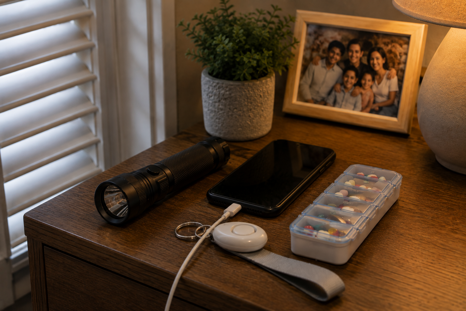 A torch, phone, panic button and pill organiser on a bedside table beside a closed cyclone shutter