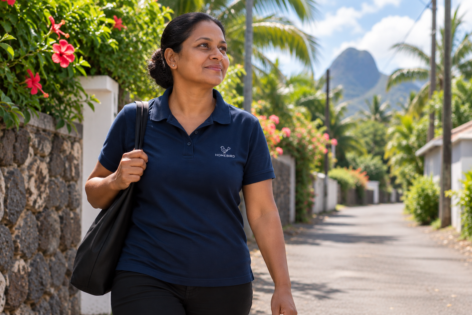 A carer walking freely in Mauritius, representing a worker's right to freedom of movement